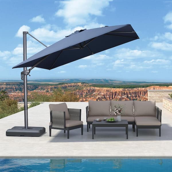 PURPLE LEAF 9 ft. Square Outdoor Patio Cantilever Umbrella Aluminum Offset 360° Rotation Umbrella with Base, Navy Blue