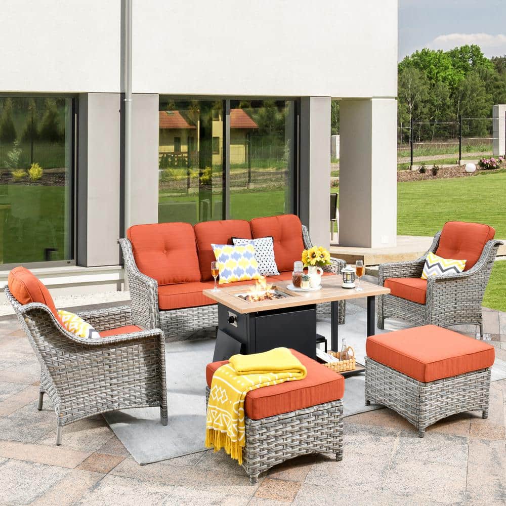 Tulip A Gray 6-Piece Wicker Patio Storage Fire Pit Conversation Sofa Set with Orange Red Cushions price history on PriceWatchPro