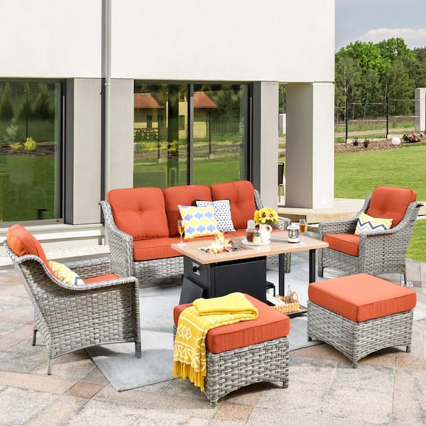 weaxty W Tulip A Gray 6-Piece Wicker Patio Storage Fire Pit Conversation Sofa Set with Orange Red Cushions