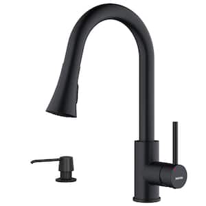 Weybridge Single Handle Pull Down Sprayer Kitchen Faucet with Matching Soap Dispenser in Matte Black