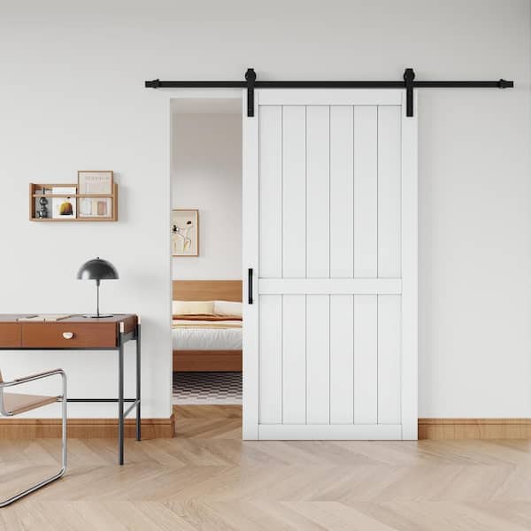 42 in. x 84 in. White Paneled H Style White Primed MDF Sliding Barn Door with Hardware Kit and Soft Close