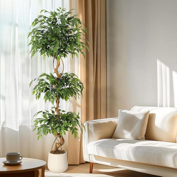 6 ft. Artificial Ficus Tree, Faux Plant Fake Silk Trees with Curved Trunk, Home Decor