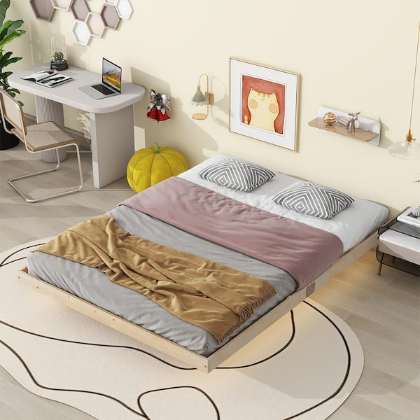 YOFE Modern Low Profile Natural Light Brown Wood Frame Floating Queen Platform Bed Frame with LED Lights Underneath