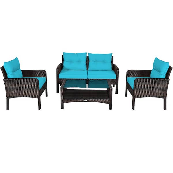 Costway Metal Wicker Outdoor Loveseat with Turquoise Cushion