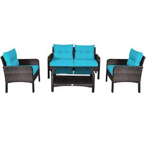 Metal Wicker Outdoor Loveseat with Turquoise Cushion