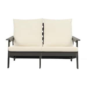 Grey HIPS Wood Grain Outdoor Patio Furniture Loveseat Garden Sofa with Beige Thick Cushion