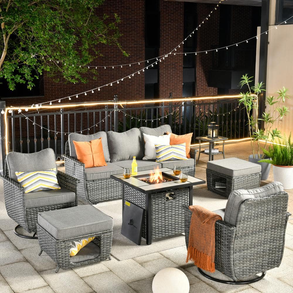 HOOOWOOO Sierra Black 7-Piece Wicker Multi-Use Fire Pit