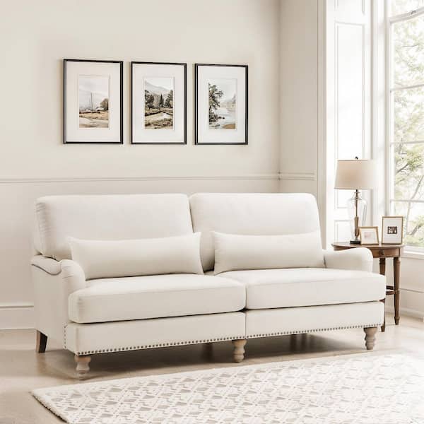 OrangeOne Yero 78 in. Round Arm Fabric Rectangle Mid-Century Upholstered Loveseat Solid Wood Frame Sofa with Pillow in. Ivory