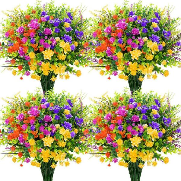 8 Bundles UV Resistant Artificial Flowers - Outdoor Plastic Plants, Silk Flower Bouquets