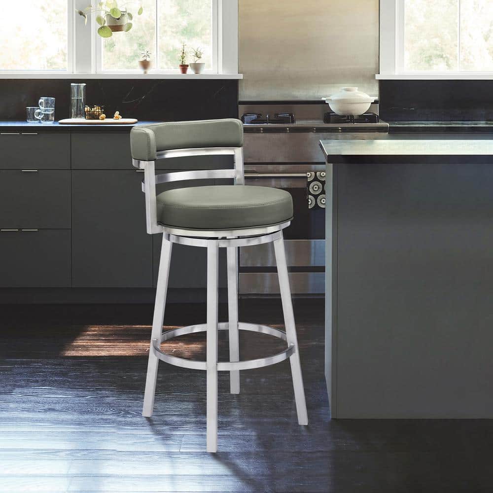 Titana 36-40 in. Grey/Brushed Stainless Steel Metal 26 in. Bar Stool with F