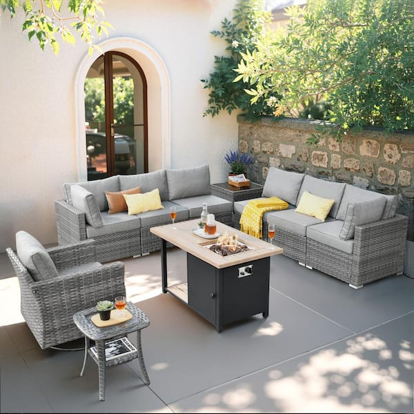 HOOOWOOO Messi Gray 10-Piece Wicker Outdoor Fire Pit Patio Conversation Sofa Set with a Swivel Chair and Dark Gray Cushions