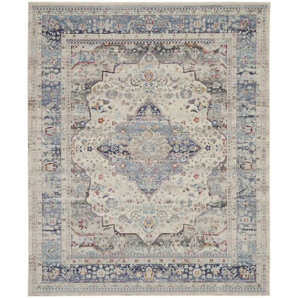 8 ft. x 10 ft. Ivory Blue And Orange Floral Medallion Distressed Non Skid Area Rug