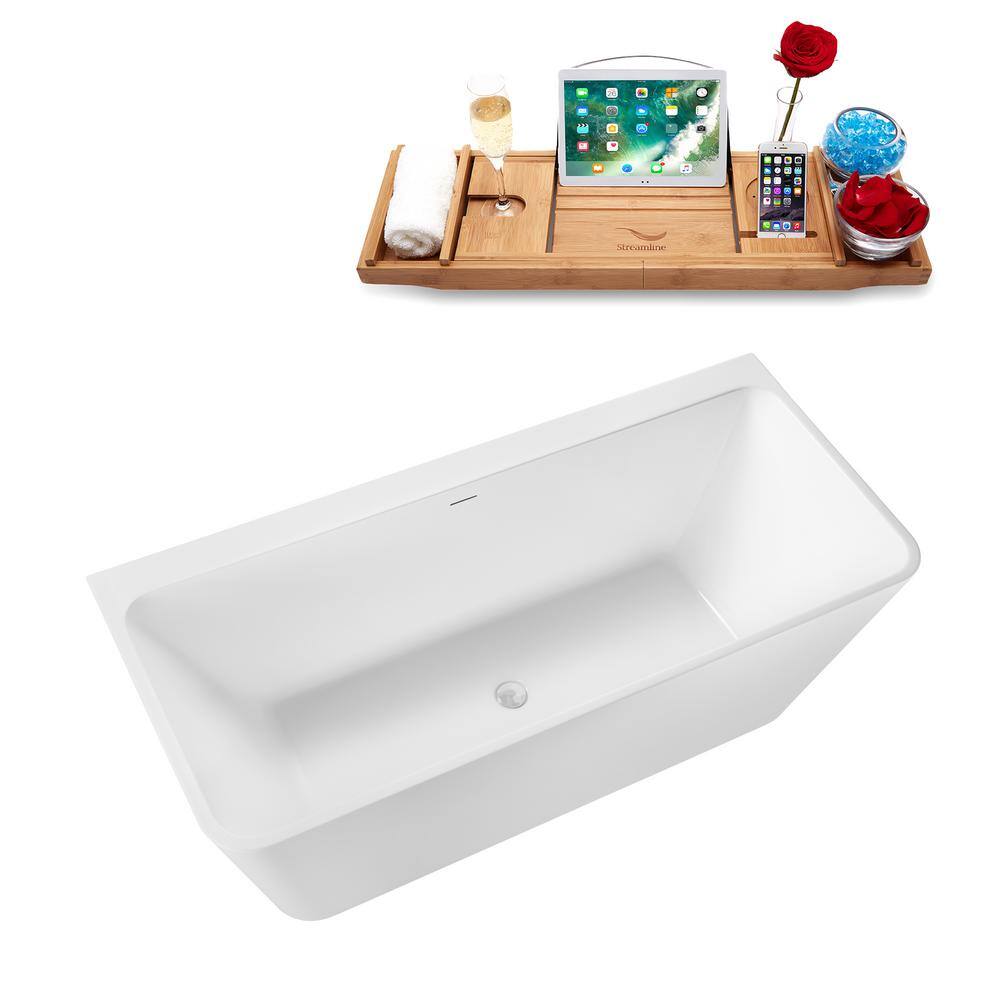 67" Glossy White Acrylic Freestanding Soaking Tub with Bamboo Tray