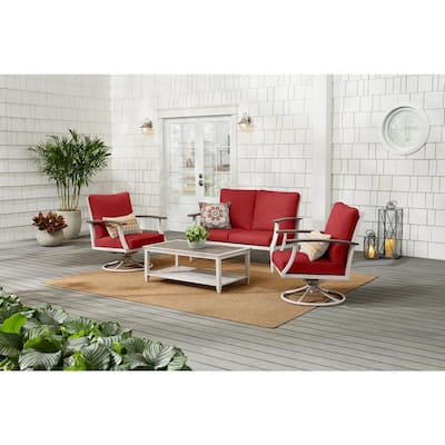 Marina Point 4-Piece White Steel Outdoor Patio Conversation Seating Set with CushionGuard Chili Red Cushions