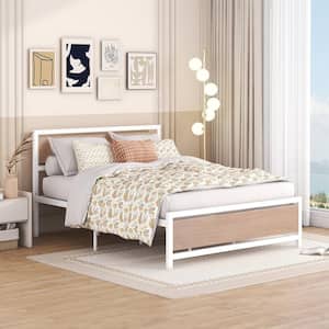 White Metal Frame Queen Size Platform Bed with Wood Headboard and Footboard, Extra Slat Support