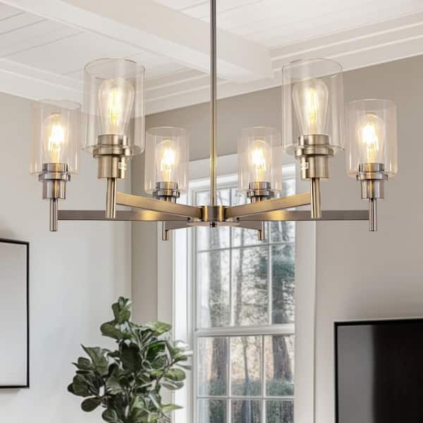 6-Light Nickel Farmhouse Chandelier perfect for Dining Room with Adjustable Height Industrial Clear Glass Pendants