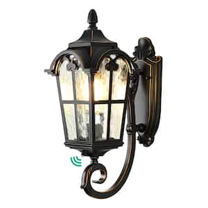Matte Black and Gold trim Dusk to Dawn Outdoor Hardwired Wall Lantern Sconce with No Bulbs Included