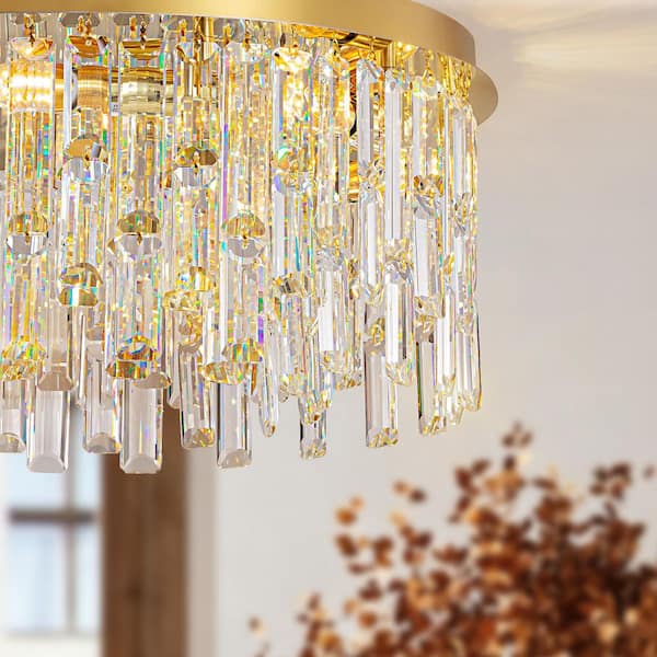 SILJOY 7-Light Gold Crystal Round Flush Mount Chandelier with
