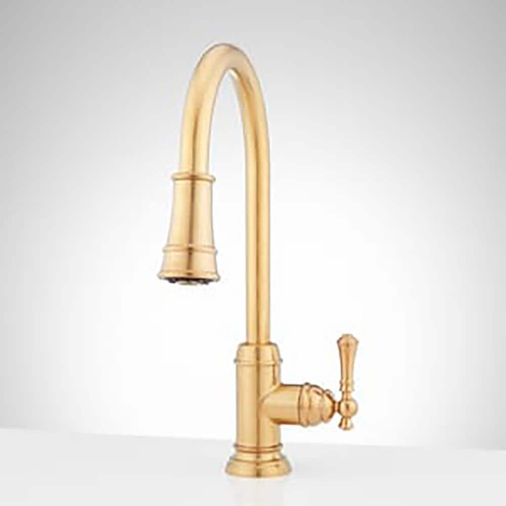 SIGNATURE HARDWARE Amberley Single Handle Pull Down Kitchen Faucet In   Brushed Gold Pull Down Kitchen Faucets 476858 64 1000 