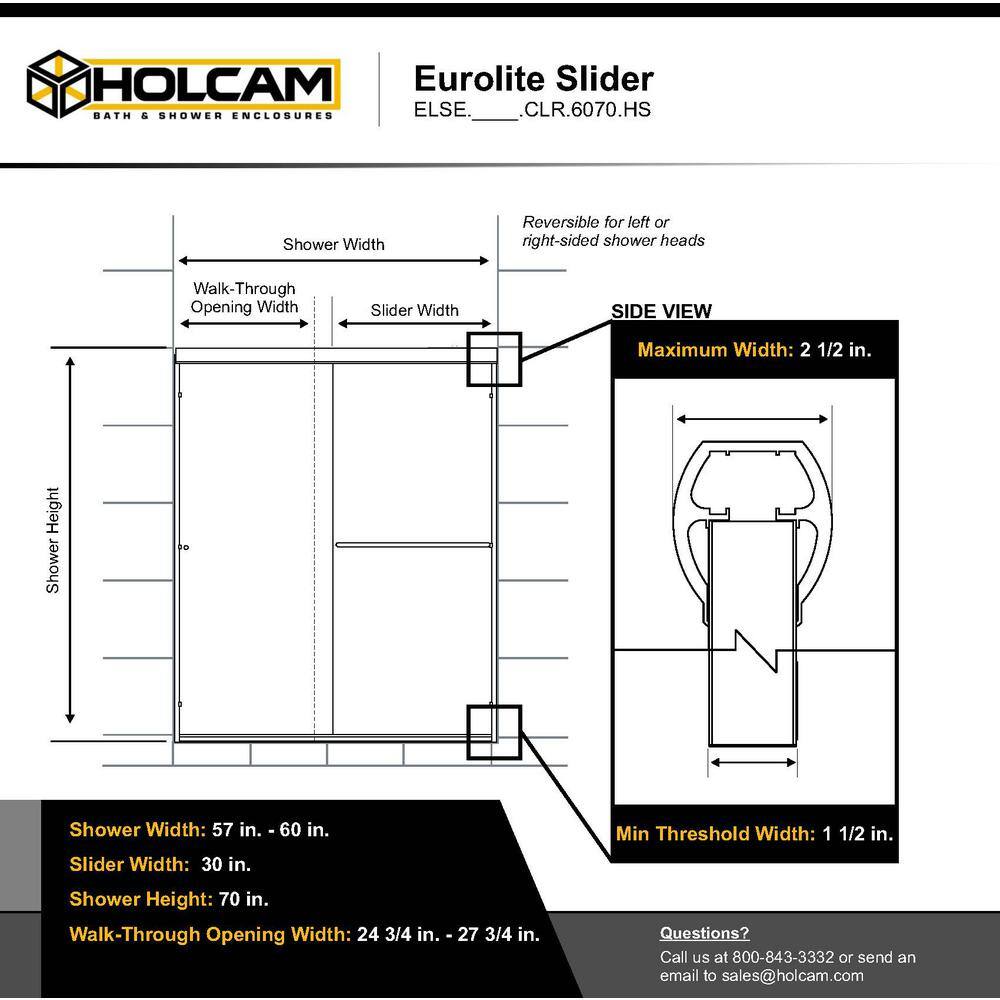 Eurolite 60" Brushed Nickel Frameless Sliding Shower Door