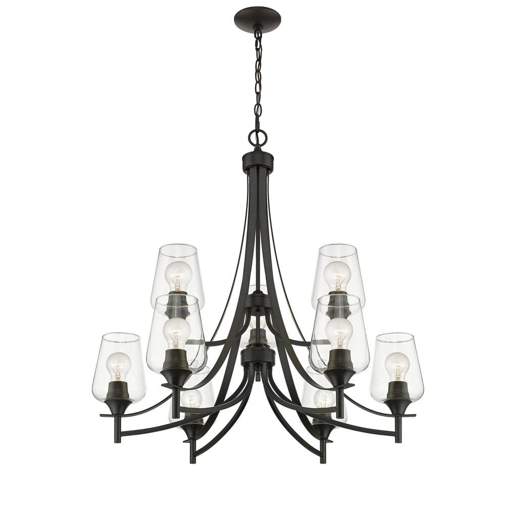 Matte Black 31-Inch 9-Light Metal Chandelier with Glass Shades