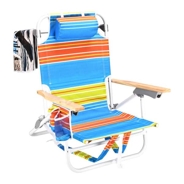 Otryad 1-Piece Blue and Yellow Aluminum Backpack Folding Beach Chair, 5 Position Adjustable with Headrest and Storage Bag