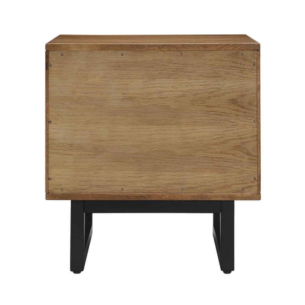 Brown Oak Wood Nightstand with Black Metal Base and Drawer