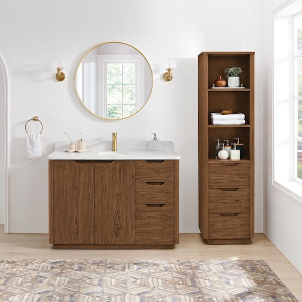 ROSWELL Abuja 48 in. W x 22 in. D x 33.9 in. H Single Bath Vanity in Oak Weathered Brown with White Engineered Stone Top