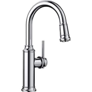 EMPRESSA Single Handle Gooseneck Bar Faucet with Pull-Down Sprayer in Polished Chrome