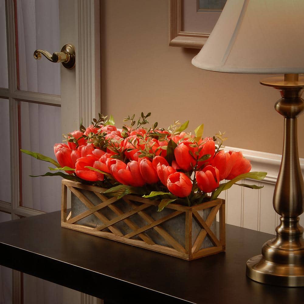 16.5" Pink Silk Tulips in Rustic Wood Planter