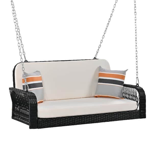 Sudzendf Black 2-Person Wicker Porch Swing with Chains and Beige Cushion