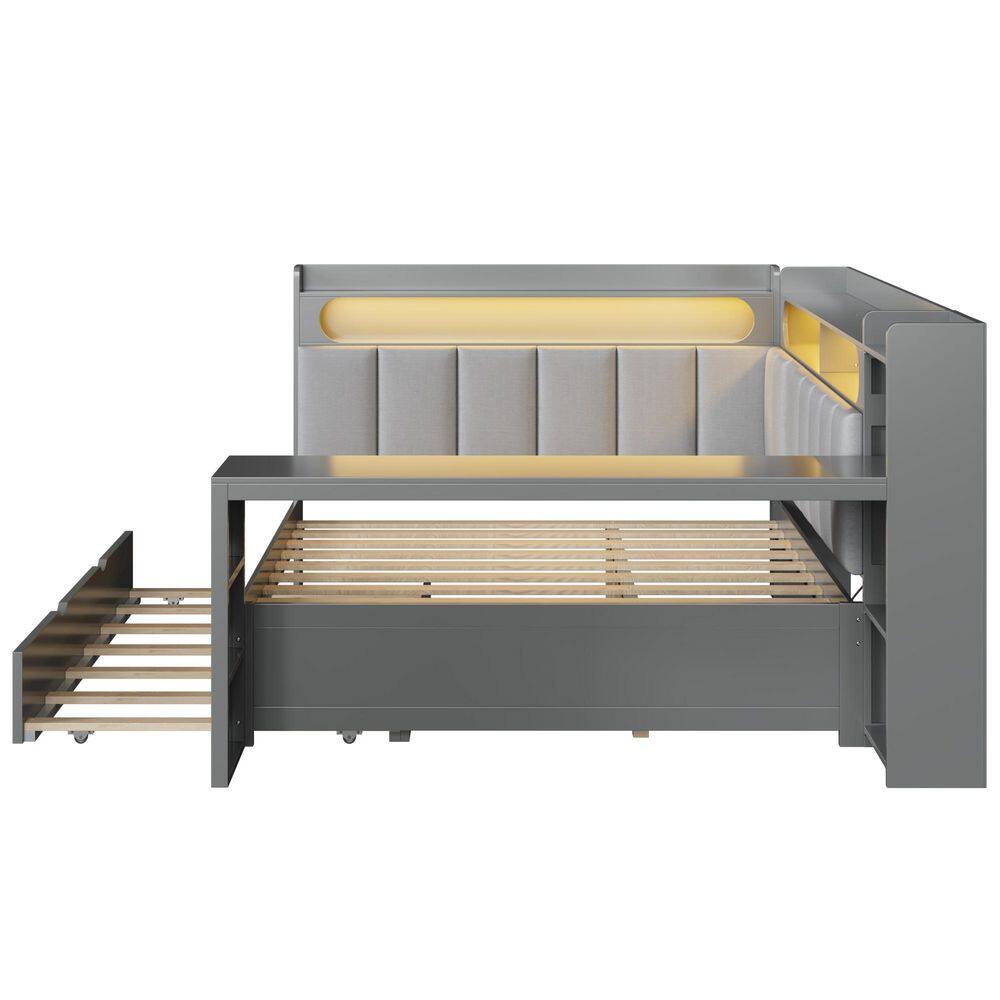 White Full Daybed with Trundle, LED Light and Upholstered Headboard - thumbnail 5