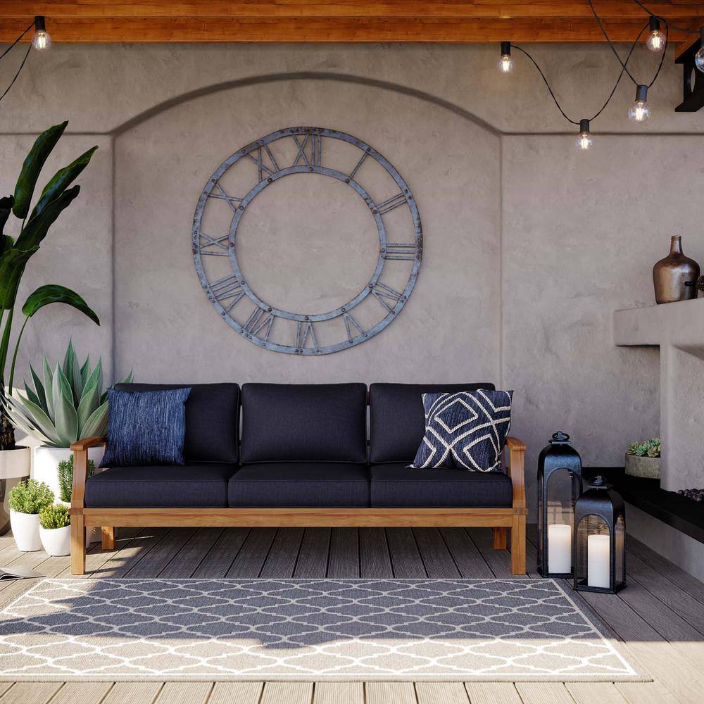 Marina Natural Teak Outdoor Sofa with Navy Cushions