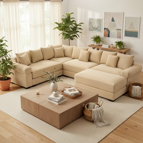 DDSMYS 116.9 in. Straight Arm 5-Piece Corduroy Modular Sectional Sofa with Ottoman and Ergonomic Design in Soft Ivory