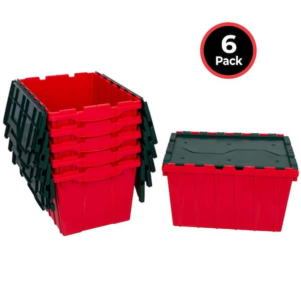 KeepBox 12-Gal Storage Tote, Stackable with Attached Lid, 21.5 in. x 15 in. x 12.5 in., Red/Green, 6-Pack