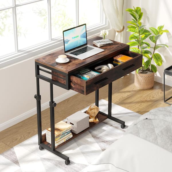 BYBLIGHT Kerlin 31.49 in. Rustic Brown Rectangular Wood Top Side Table with Drawer for Home Office