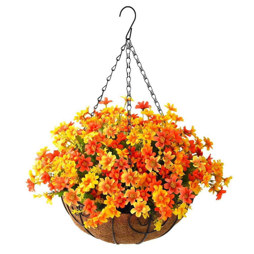 19 .7 in. Orange Artificial Hanging Daisy Flowers in Basket for Home Weddin