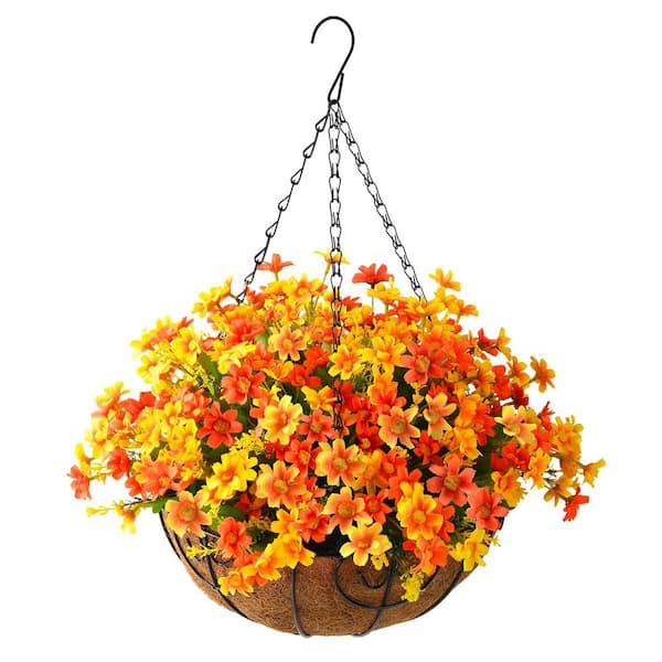 Unbranded 19 .7 in. Orange Artificial Hanging Daisy Flowers in Basket for Home Wedding Garden Decoration