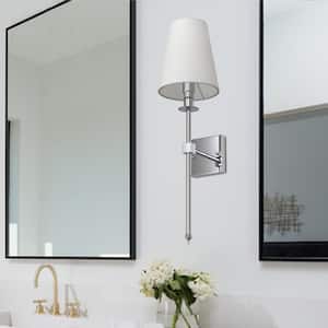 1-Light Chrome Wall Sconce with White Fabric Shade