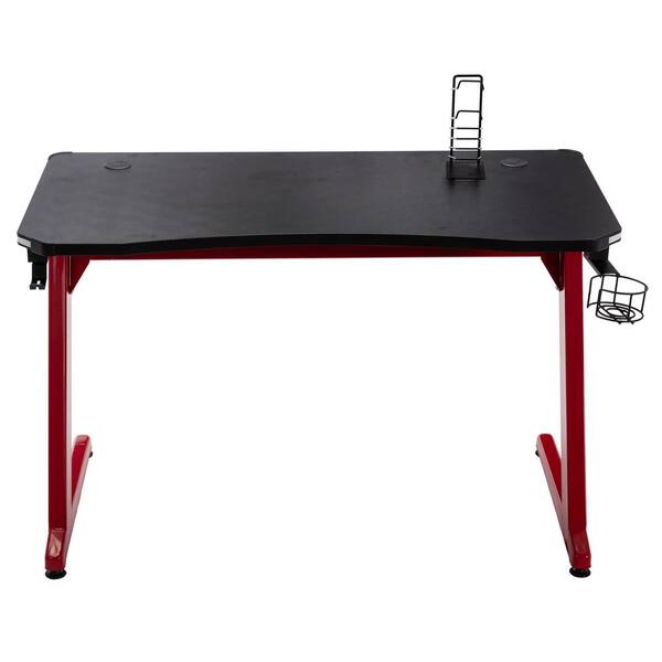 HOMEFUN 48 in. Z-Shaped Rectangular Red Carbon Fiber Surface Gaming Desk with Headphone Hook and Cup Holder