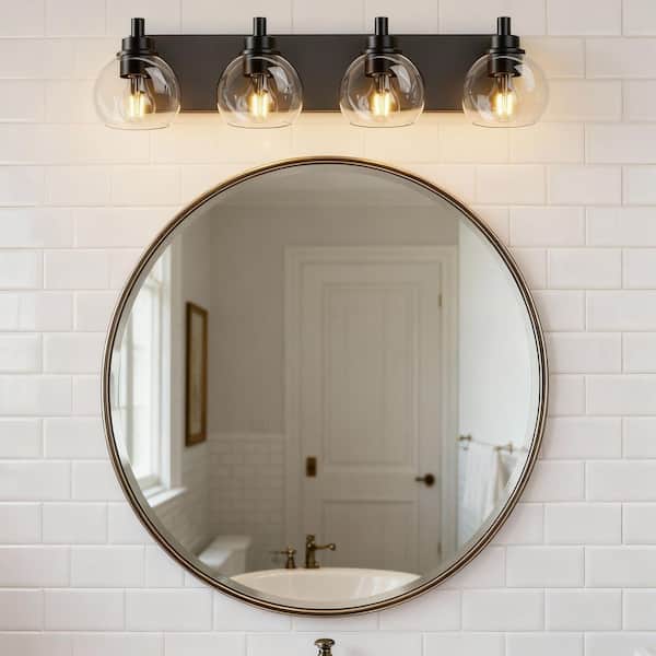 26 in. 4-Light Black Bathroom Vanity Light Fixture with Clear Globe Glass Shades, No Bulbs Included