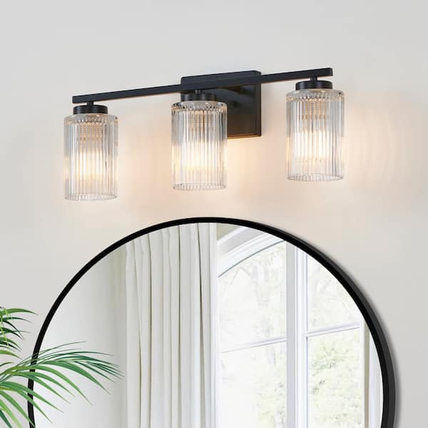 22 in. 3-Light Black Vanity Light with Clear Ribbed Glass Shades