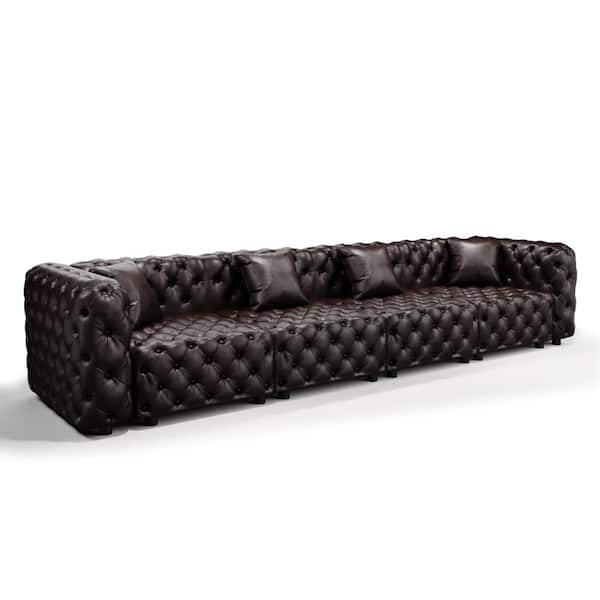 Modern Faux Leather 134.4 in. Wide Modular Sectional Sofa with Handmade Button Tufted Design, 4 Pillows,