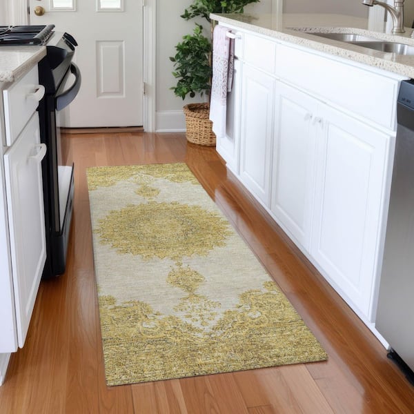 Mayfield Premium Machine Washable Abstract AMF1003 Gold 2 ft. 3 in. x 7 ft. 6 in. Runner Rug