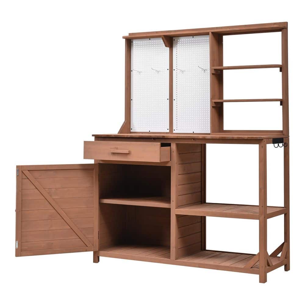 Brown Fir Wood Potting Bench with 4 Shelves and Adjustable Storage