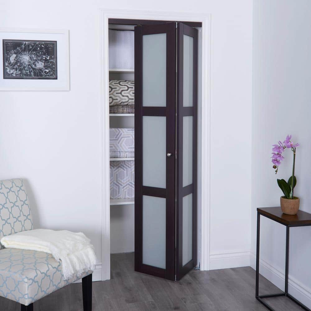 Espresso Finished 3-Lite Frosted Glass Solid Core Bi-Fold Door