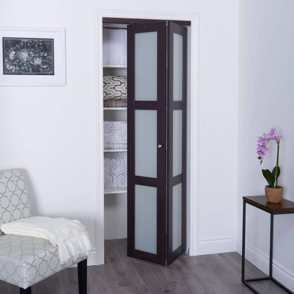 Espresso Solid MDF 3-Lite Frosted Glass Bi-Fold Door