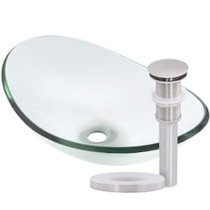 Chiaro Oval Slipper Glass Vessel Sink in Clear with Drain Assembly in Brushed Nickel