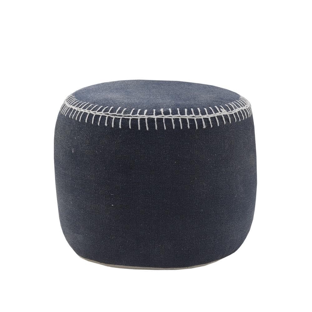 Nora Drak Blue Bordered Flatweave Organic Cotton Ottoman Pouf