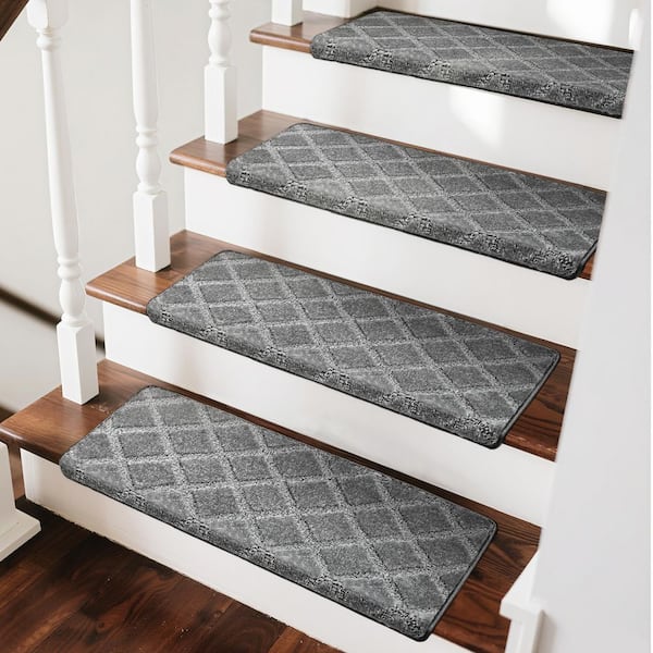 PURE ERA Diamond Trellis Gray 9.5 in. x 30 in. x 1.2 in. Bullnose Indoor Non-slip Carpet Stair Tread Cover Tape Free (Set of 14)